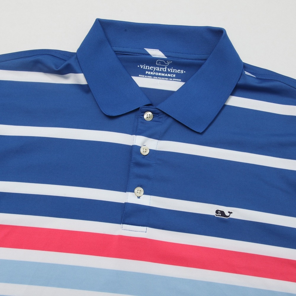 Vineyard Vines Performance Polo Shirt Men's Size L Blue Striped Whale Logo